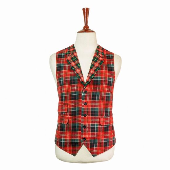 Mens Vest 46R Plaid Wool Waistcoat Red Green Formal Wedding Party Preppy Casual